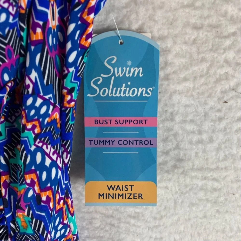Swim Solutions Navy Multi Tummy-Control Shirred One-Piece Swimsuit Sz 8 NWT 9401 - Picture 3 of 11